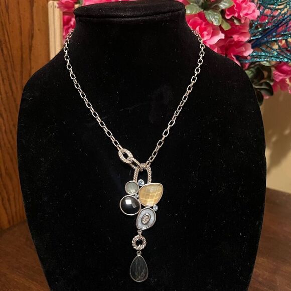 Lia Sophia Multi-Color Stone Gem Enamel Pendant Necklace Choker Silvertone - Picture 1 of 2